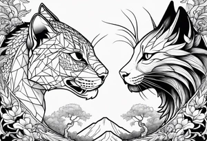 cat and dragon facing each other with nature background tattoo idea