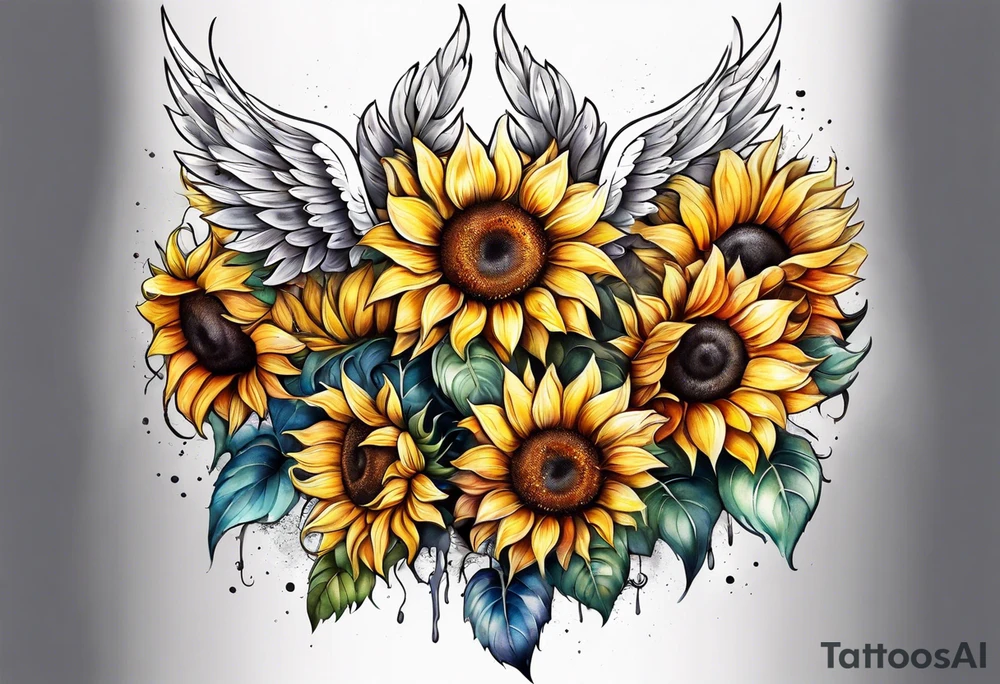 Sunflowers and angel wings leg sleeve tattoo idea