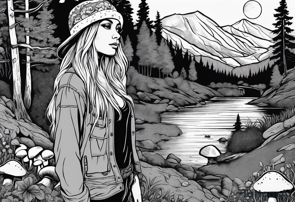 Whole picture encircled fully

Straight long blonde hair hippie girl in distance holding mushrooms in hand facing away toward mountains and creek surrounded by mushrooms long sleeve shirt and hiking pants; whole rendering within a full circle, no cut off circle tattoo idea