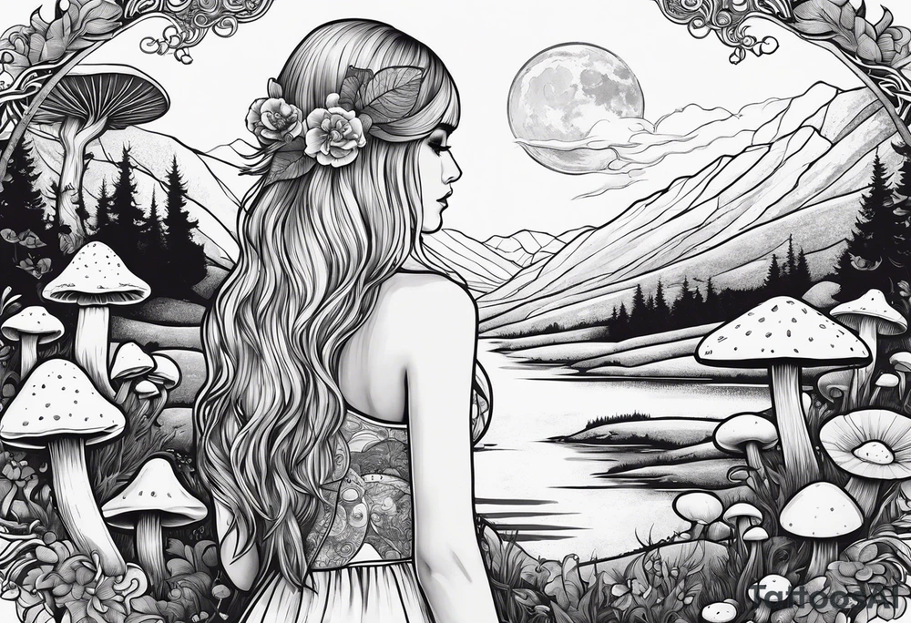 Straight blonde hair girl facing away mountains surrounded by mushrooms crescent moon circular design tattoo idea