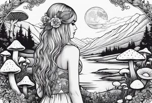 Straight blonde hair girl facing away mountains surrounded by mushrooms crescent moon circular design tattoo idea