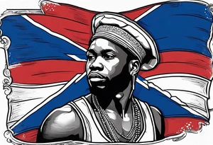 create a haitian flag theme tattoo that goes over a black mans left chest. Have it embody christian faith, salsa dancing, real estate, and public speaking, tattoo idea