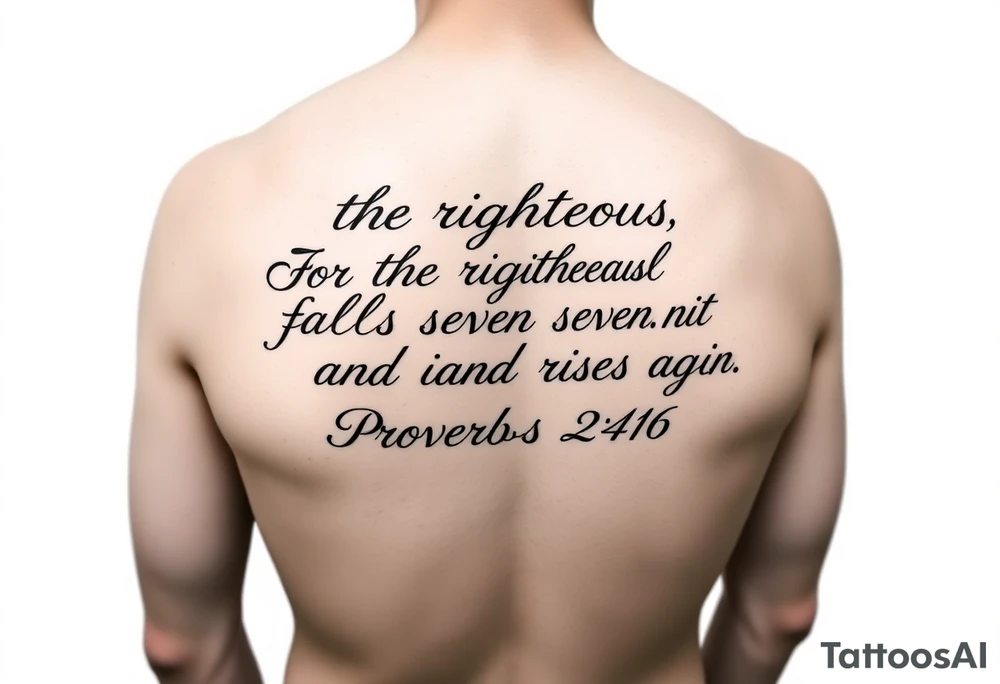 A comprehensive full-length outer forearm tattoo design. The layout is strictly vertical, extending from the elbow down to the wrist on a perfectly flat 2D white background. The text features the complete scripture written out in an elegant, flowing, continuous cursive calligraphy script: "For the righteous falls seven times and rises again. Proverbs 24:16". The lettering is crisp black ink with precise fine-line weights, slight elegant swashes, and soft drop shadows for skin depth. Absolutely solid clean white background, strictly no clouds, no smoke, no background shading. tattoo idea