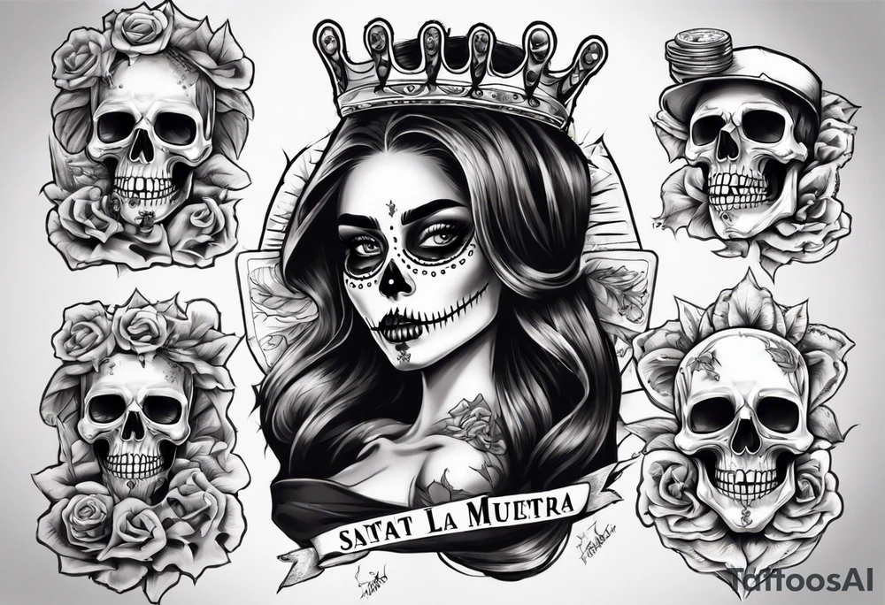 santa la muerta with money and crown
on the card tattoo idea