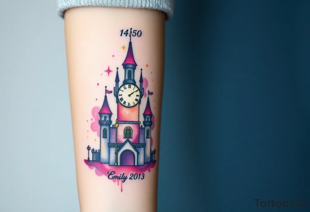 A fairytale-style castle with a glowing clock tower, marking the exact birth time "14:50" with birth date "12. 01. 2013" and name "Emily", in soft pastel pink, purple, and gold accents tattoo idea