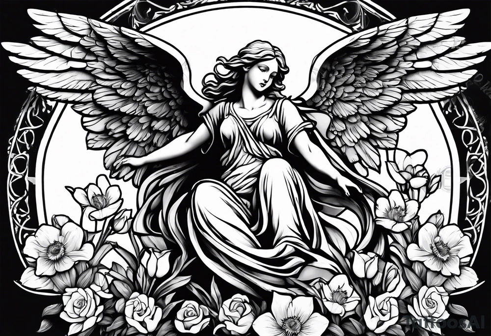 Simple Angel statue stood on a rock with daffodils and roses wrapped around its legs tattoo idea