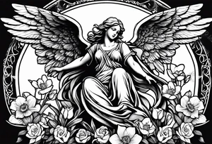 Simple Angel statue stood on a rock with daffodils and roses wrapped around its legs tattoo idea