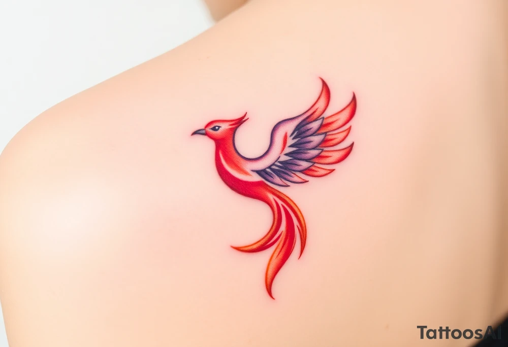 Square, phoenix rising from fire with both wings opened, colors red, pink, orange and purple. tattoo idea