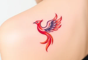 Square, phoenix rising from fire with both wings opened, colors red, pink, orange and purple. tattoo idea