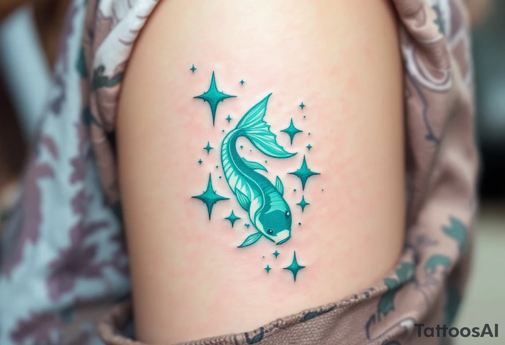 In this tattoo, a gradient of sea-green and teal forms the Pisces stars with the zodiac glyph in matching hues. tattoo idea