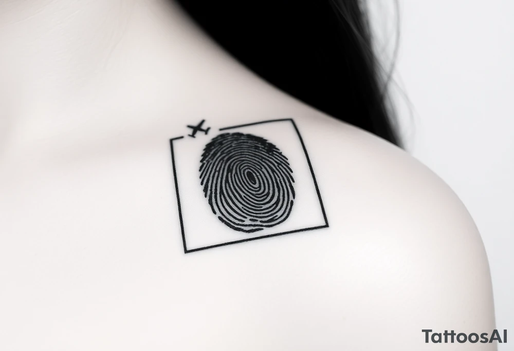 A rectangular or oval frame enclosing the fingerprint. Small planes fly out as if escaping or being released from the frame’s corner.

Signature: Etched into the bottom of the frame like an engraving. tattoo idea