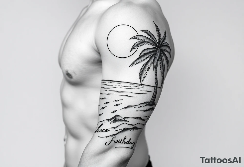 fine line, peaceful, serene, timeless, ocean, sand, palm tree, sun tattoo idea