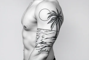 fine line, peaceful, serene, timeless, ocean, sand, palm tree, sun tattoo idea