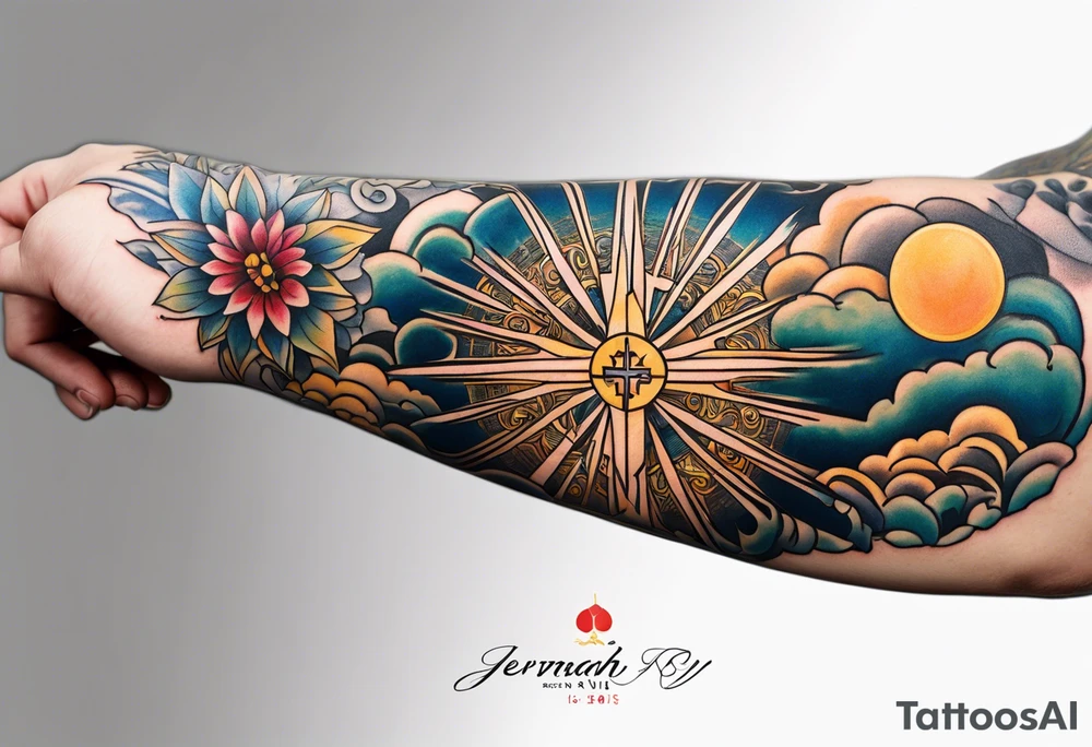 Forearm tattoo cross with rays of sun and
 a Bible verse Jeremiah 29:11 tattoo idea