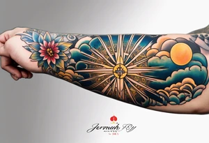 Forearm tattoo cross with rays of sun and
 a Bible verse Jeremiah 29:11 tattoo idea