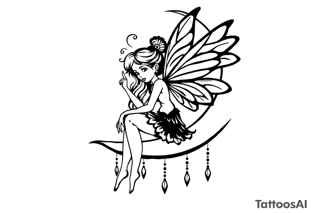 Fairy sitting on moon with dangles solid black tattoo idea