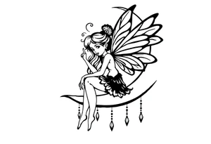 Fairy sitting on moon with dangles solid black tattoo idea