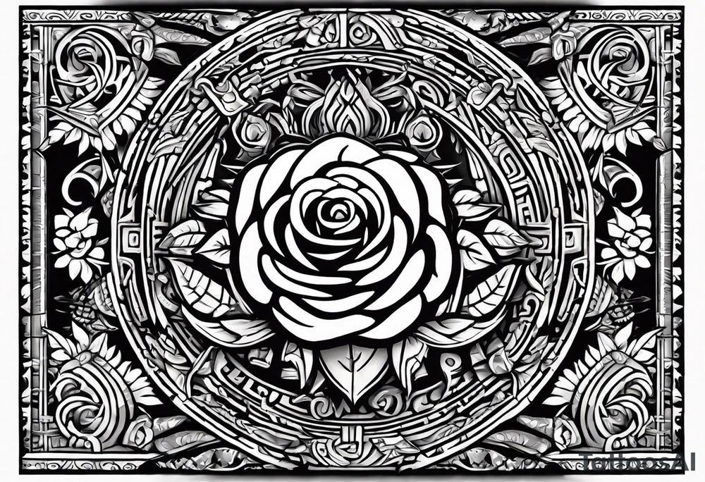 Design a masculine tattoo depicting three delicate rose buds being embraced and protected by 
Aztec weapons. The weapons should include elements such as the macuahuitl (Aztec sword-club), obsidian blades, and Mayan calendar, arranged in a way that forms a protective circle or embrace around the roses. Carve the entire image as if it were a stone sculpture by an ancient Aztec artist, with the texture resembling intricately detailed stone carvings. The roses should be slightly softer but still stylized in stone, giving the entire tattoo a powerful, yet artistic and ancient feel. Use bold, sharp lines to capture the essence of Aztec craftsmanship tattoo idea