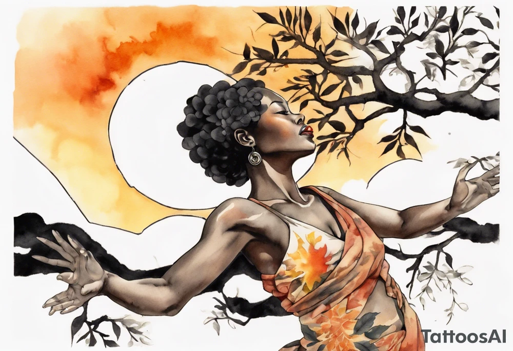a tree woman reaching towards a blazing sun in the sky, black woman tattoo idea