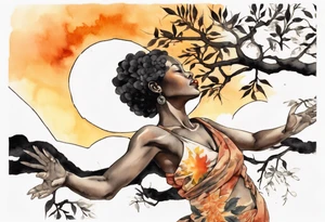 a tree woman reaching towards a blazing sun in the sky, black woman tattoo idea