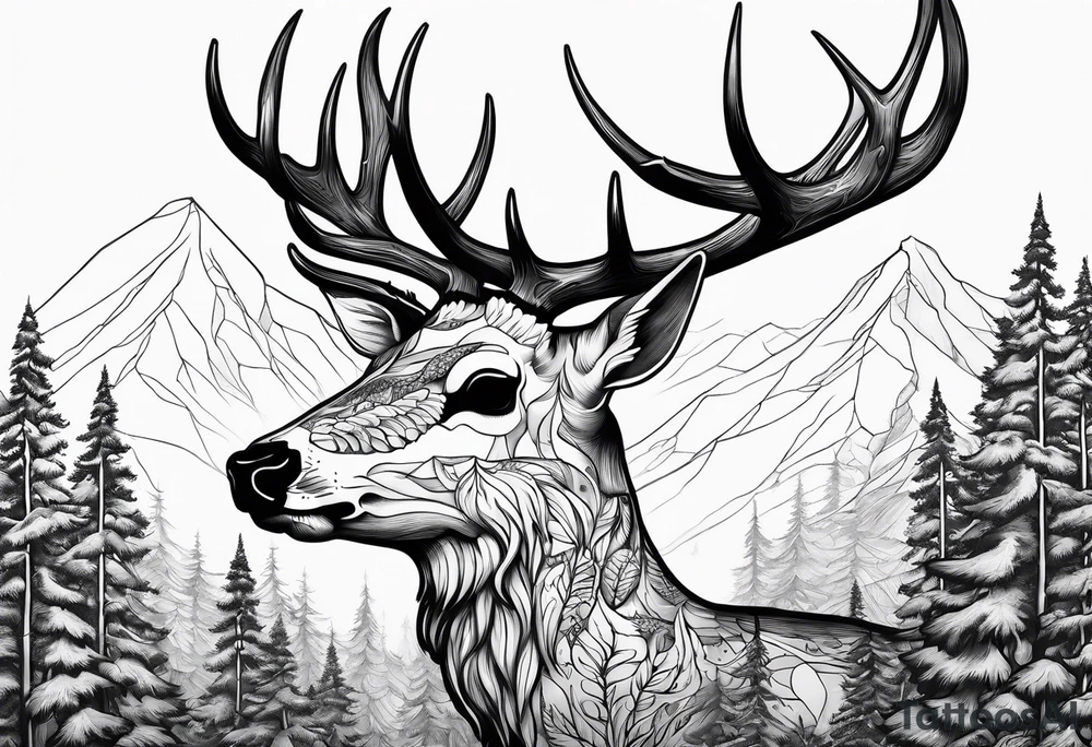 A side view of decayed deer skull surrounded by trees and fire tattoo idea