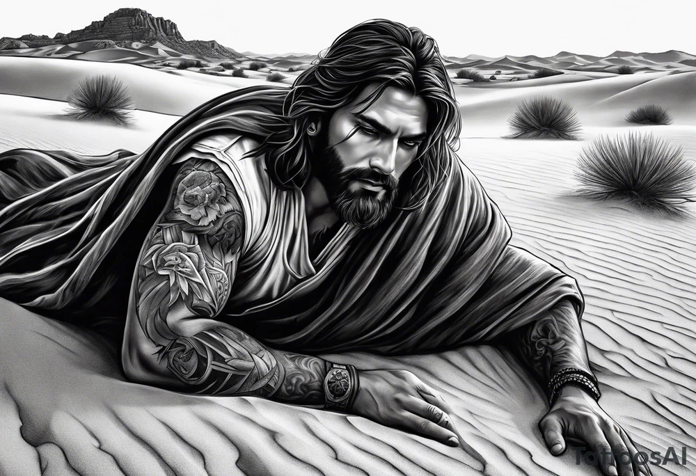 man crawling in a desert toward the cross of Christ tattoo idea