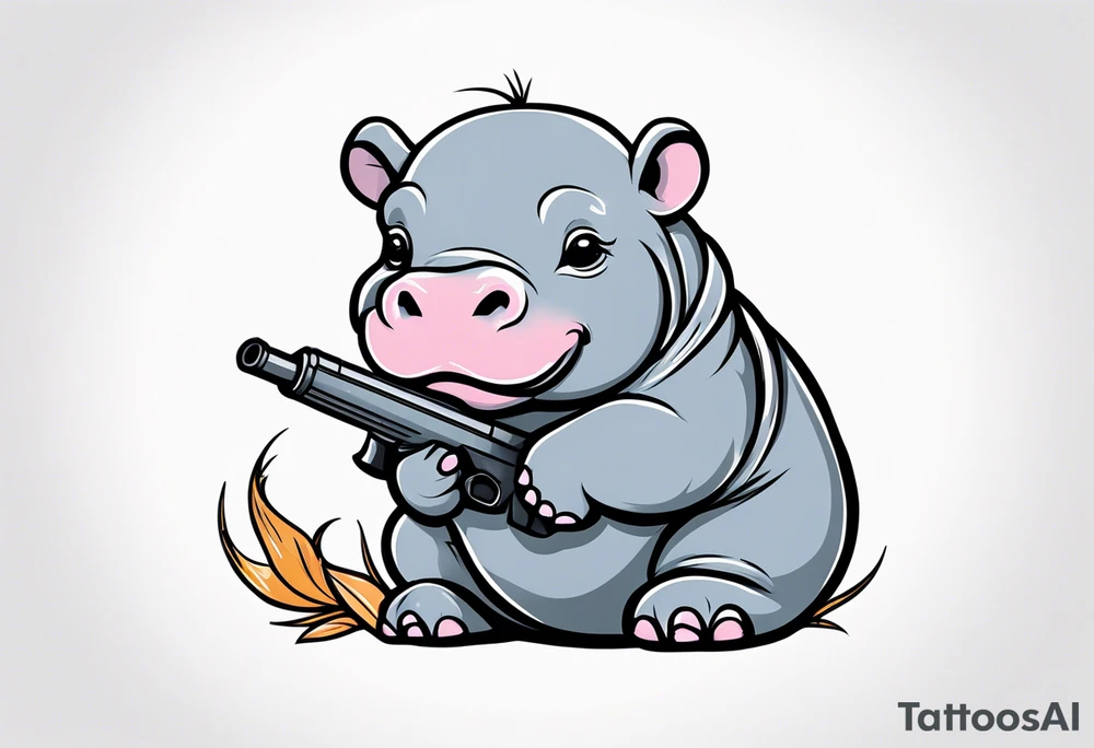 Baby hippo in a swaddle holding a weapon tattoo idea