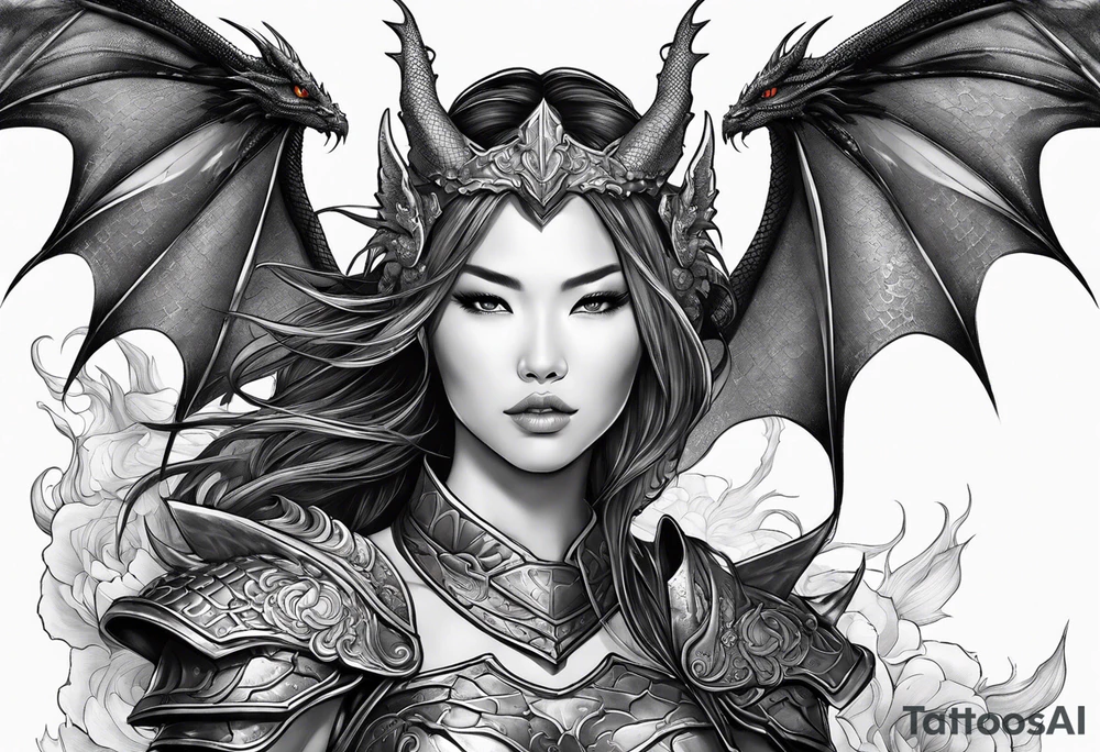 beautiful warrior woman wearing dragon armor and a dragon flying tattoo idea