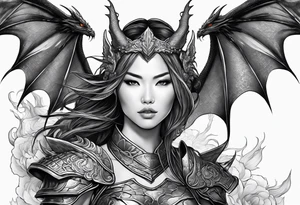 beautiful warrior woman wearing dragon armor and a dragon flying tattoo idea