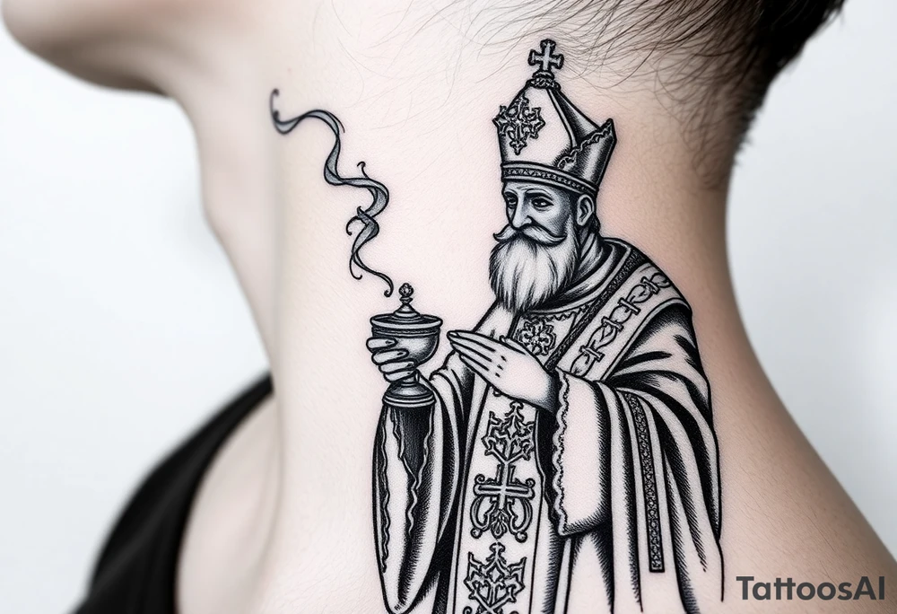 Russian Orthodox Priest in a fully detailed gold vestment swinging a censer with smoke curling upward tattoo idea