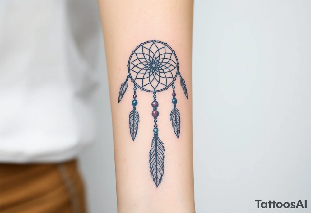 native dreamcatcher with flowing feathers and sacred beads tattoo idea