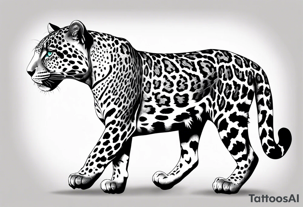 Create and black and grey realistic jaguar walking toward you with rainforest background for a forearm tattoo. Have the jaguars eye colored with emerald green and mouth open tattoo idea