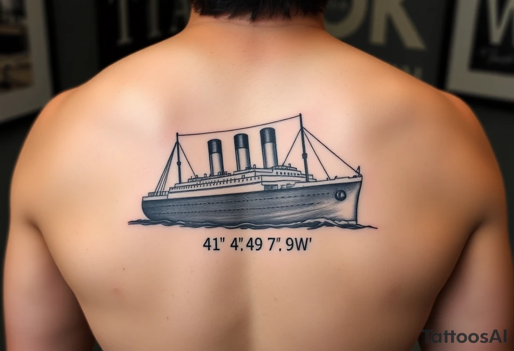 Ship image of Titanic with coordinates 41 43' 57" N 49 56' 49" W tattoo idea