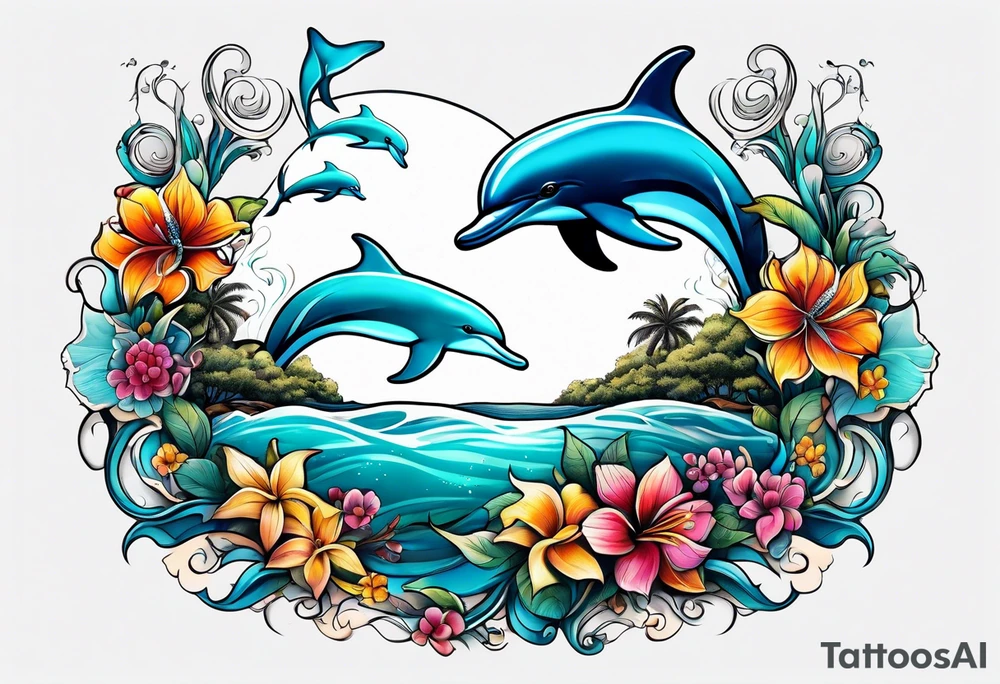 Dolphins ocean beach flowers trees tattoo idea