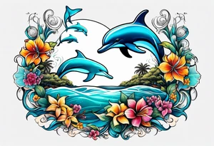 Dolphins ocean beach flowers trees tattoo idea