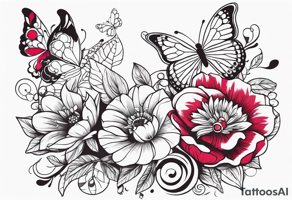 Flowers with Ruby and butterflies around it tattoo idea
