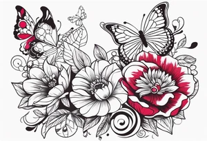 Flowers with Ruby and butterflies around it tattoo idea