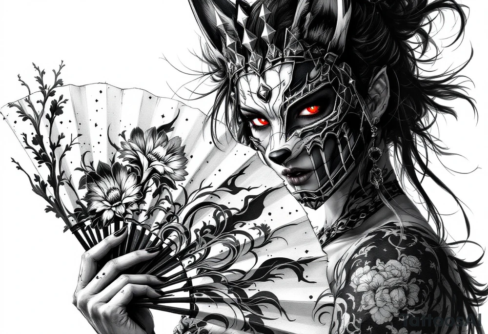 Woman samurai with red eyes wearing an half and broken fox mask, holding a japanese fan with irises. tattoo idea