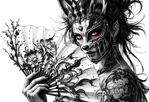 Woman samurai with red eyes wearing an half and broken fox mask, holding a japanese fan with irises. tattoo idea