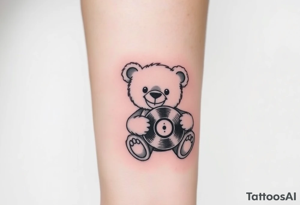 minimalist teddy bear smiling and holding a vinyl record tattoo idea minimalist teddy bear smiling and holding a vinyl record tattoo idea