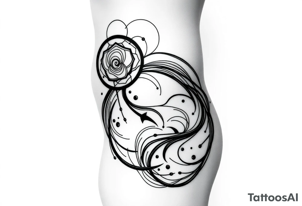 Cybersigilism tattoo design, ultra minimal, thin sharp black lines only, no fills, no solid blacks, no shading.
Abstract organic sigils and biomechanical curves, flowing asymmetrical linework.
Design wraps the entire lateral body: starting from the side of the lower abdomen at navel height, flowing over the hip and outer glute, then extending down to mid quadriceps.
Elegant negative space, breathable composition, high contrast skin-to-ink.
Tribal–futuristic aesthetic, alien calligraphy, cyber rune style.
Tattoo stencil look, clean vector linework, high precision, body-flow oriented, anatomical curvature aware.
No mandalas, no symmetry, no heavy textures, no realism. tattoo idea