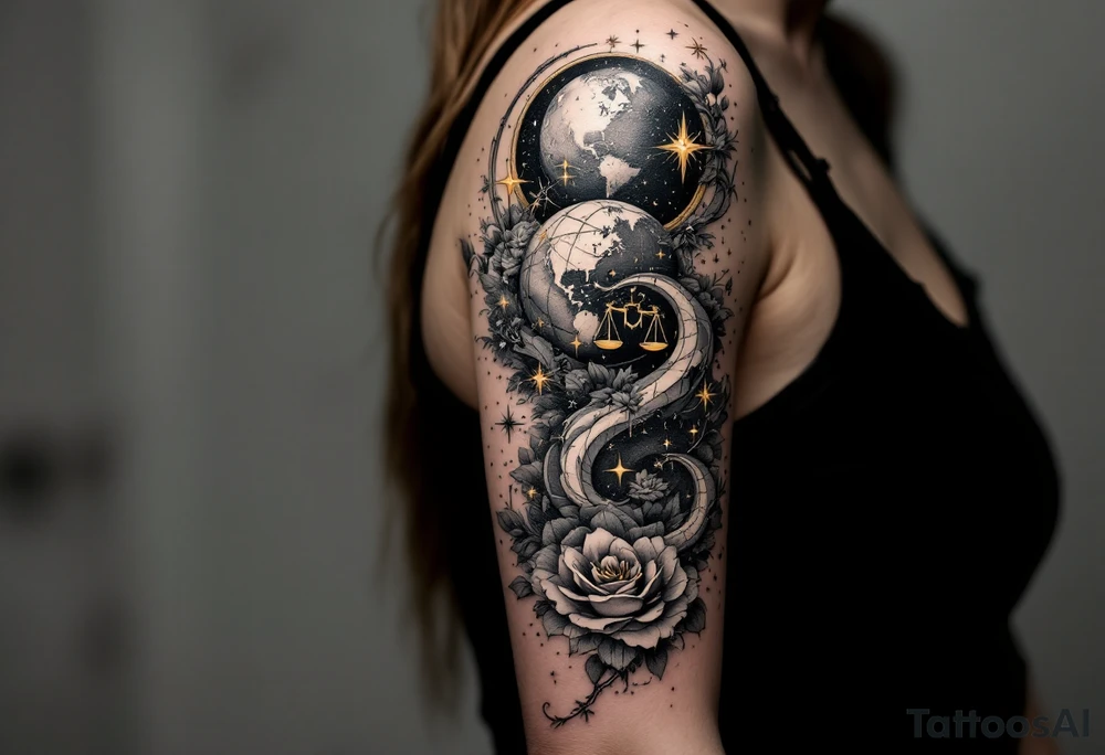 A realistic celestial globe in grayscale features the Libra symbol and Libra star constellation accented with golden stars. tattoo idea