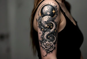 A realistic celestial globe in grayscale features the Libra symbol and Libra star constellation accented with golden stars. tattoo idea