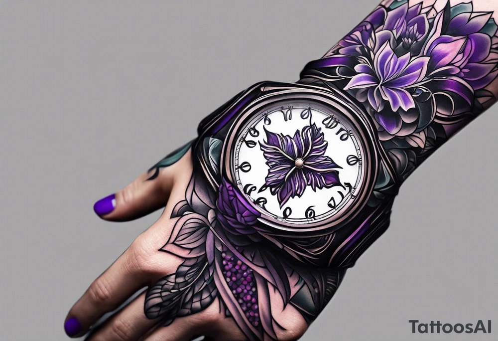 lines around wrist, abstract, black and purple, covered from wrist to forearm, fully covered, no borders, blackwork, no faces tattoo idea