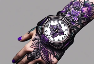 lines around wrist, abstract, black and purple, covered from wrist to forearm, fully covered, no borders, blackwork, no faces tattoo idea