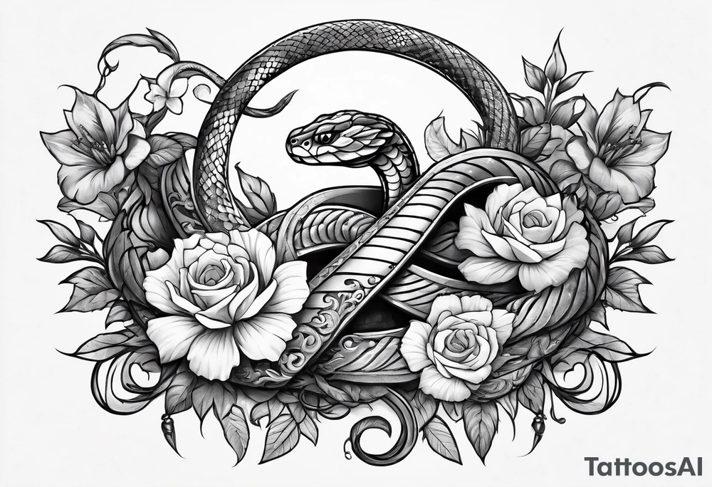 Sword with snake and flowers wrapped around it tattoo idea