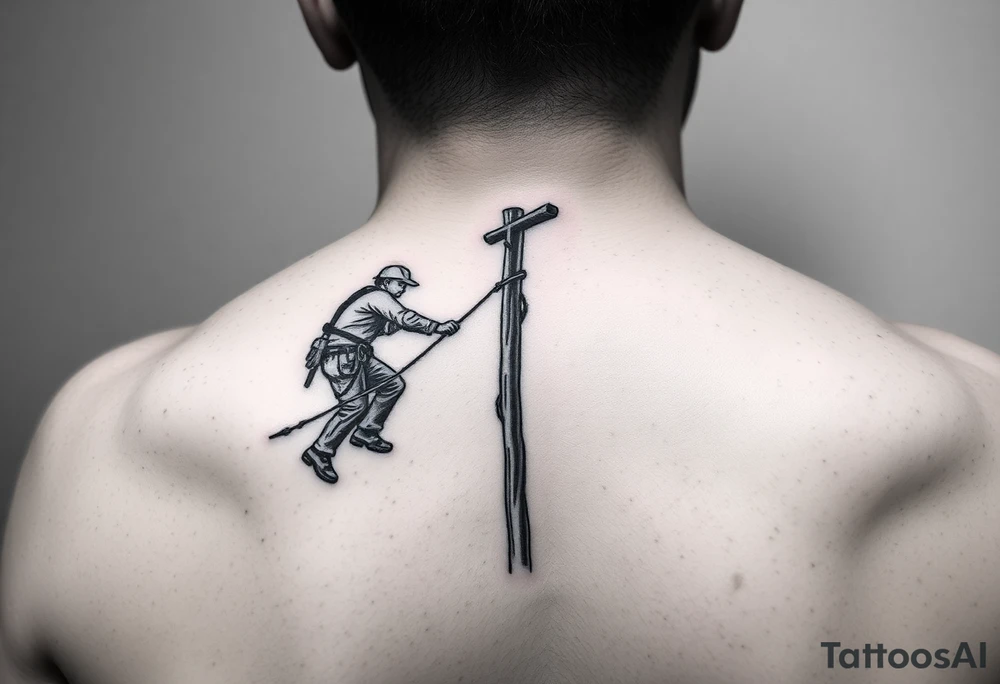 realistic tattoo of a power lineman climbing a wooden pole that fits on the inside of the forearm tattoo idea
