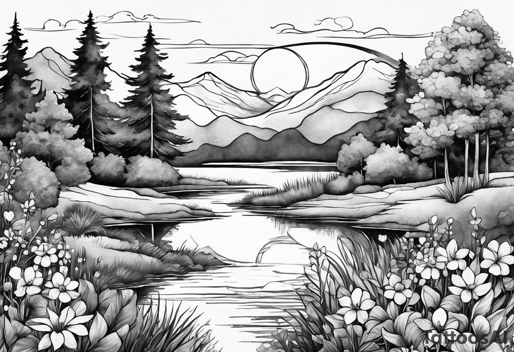 Secret, hidden garden, flowers, lake, daylight moon, more flowers love hidden gem tattoo idea