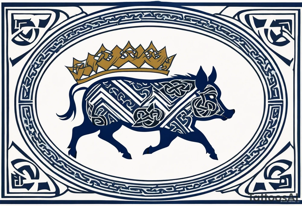 Side profile, Celtic, tribal, wild boar, On a Chatwin family crest with blue background, two gold stars, and a gold Chevron, and a Thistle. With thick black tribal lines. tattoo idea