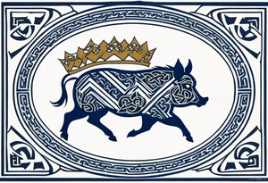 Side profile, Celtic, tribal, wild boar, On a Chatwin family crest with blue background, two gold stars, and a gold Chevron, and a Thistle. With thick black tribal lines. tattoo idea